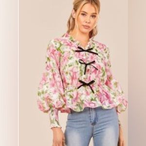 Shein Cottage Core Floral Ruffle top with Black Bows | SZ